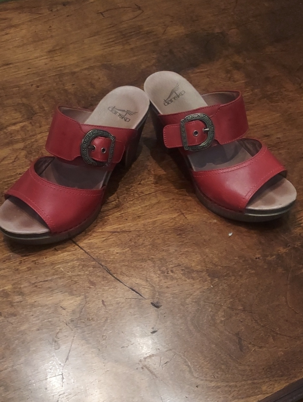 Dansko Red Leather Double-Band Slide Mules with Decorative Buckle